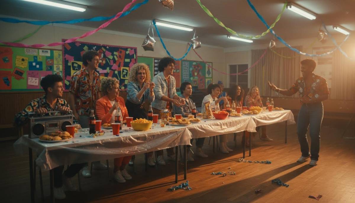 Guests around a retro snack table in a school hall