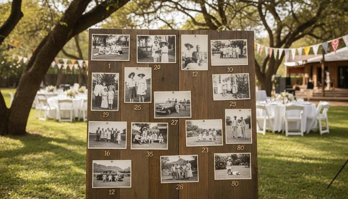 Numbered vintage family photos on a display board