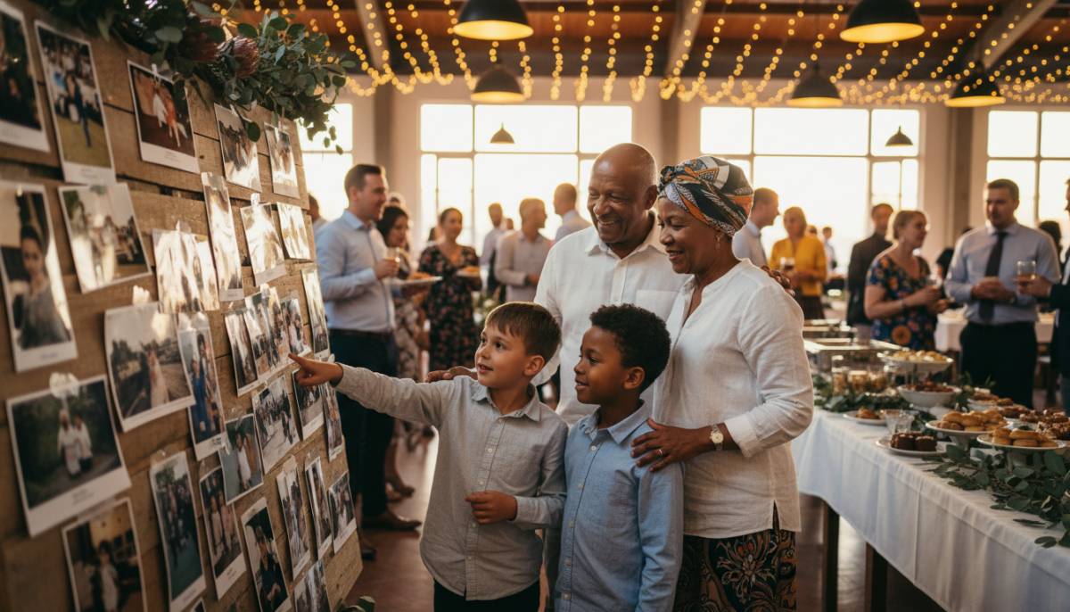 Guests looking at a birthday photo board