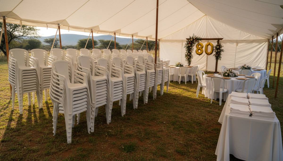 Rental furniture stacked before party setup