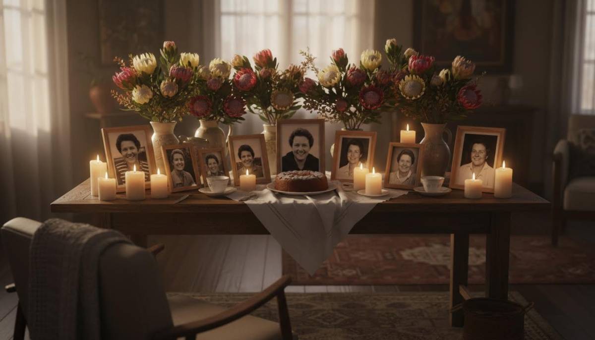 Tribute table with framed photos and flowers