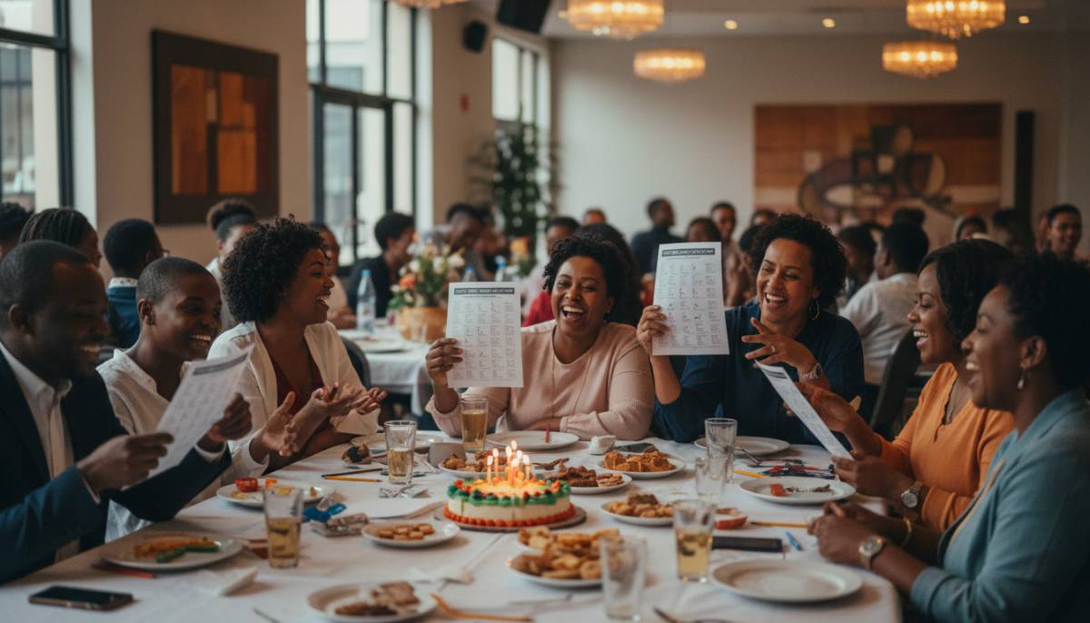 Family playing a birthday quiz at tables