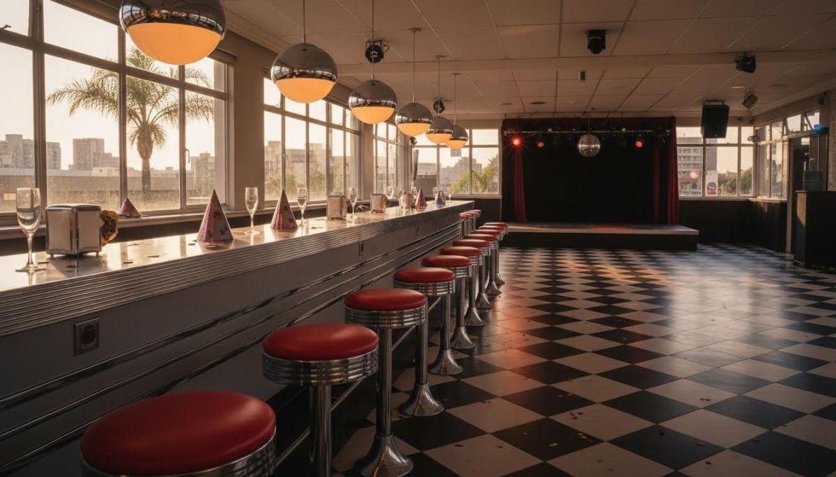 Retro diner counter with red stools and checkerboard floor