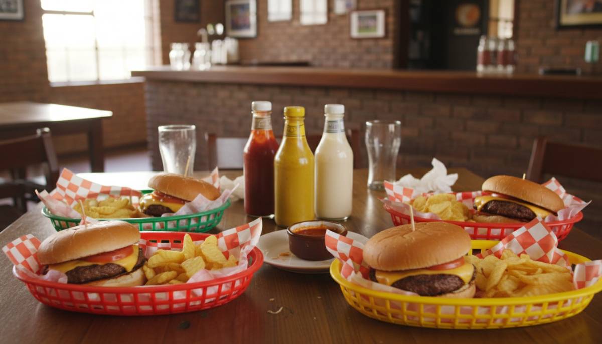 Retro burger baskets at a diner-themed party