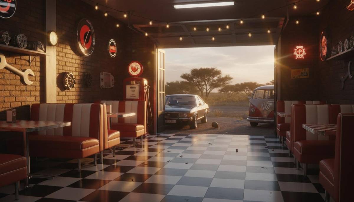 Garage-inspired 1950s diner party setup