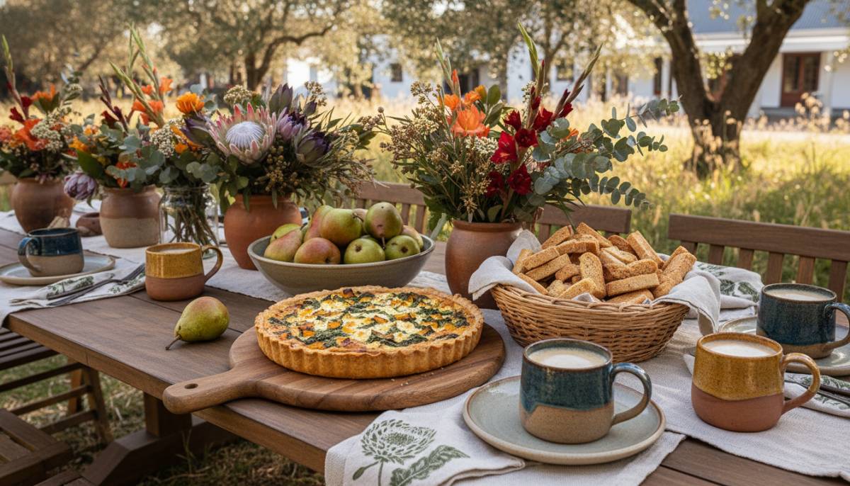 A harvest brunch table with autumn food