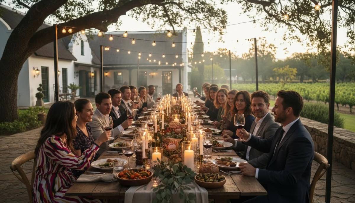Guests seated at a refined private estate harvest supper