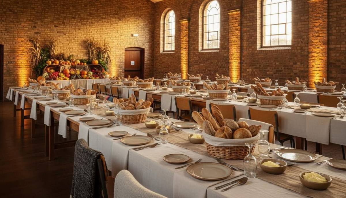 A school hall transformed for an autumn harvest supper