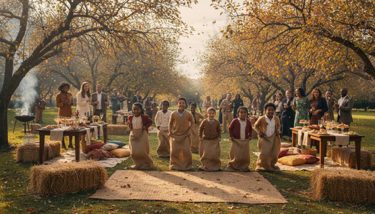 Children playing at an orchard themed harvest party