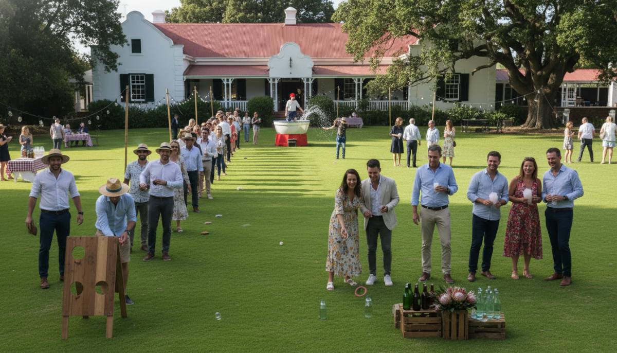 Guests playing autumn fair games outdoors
