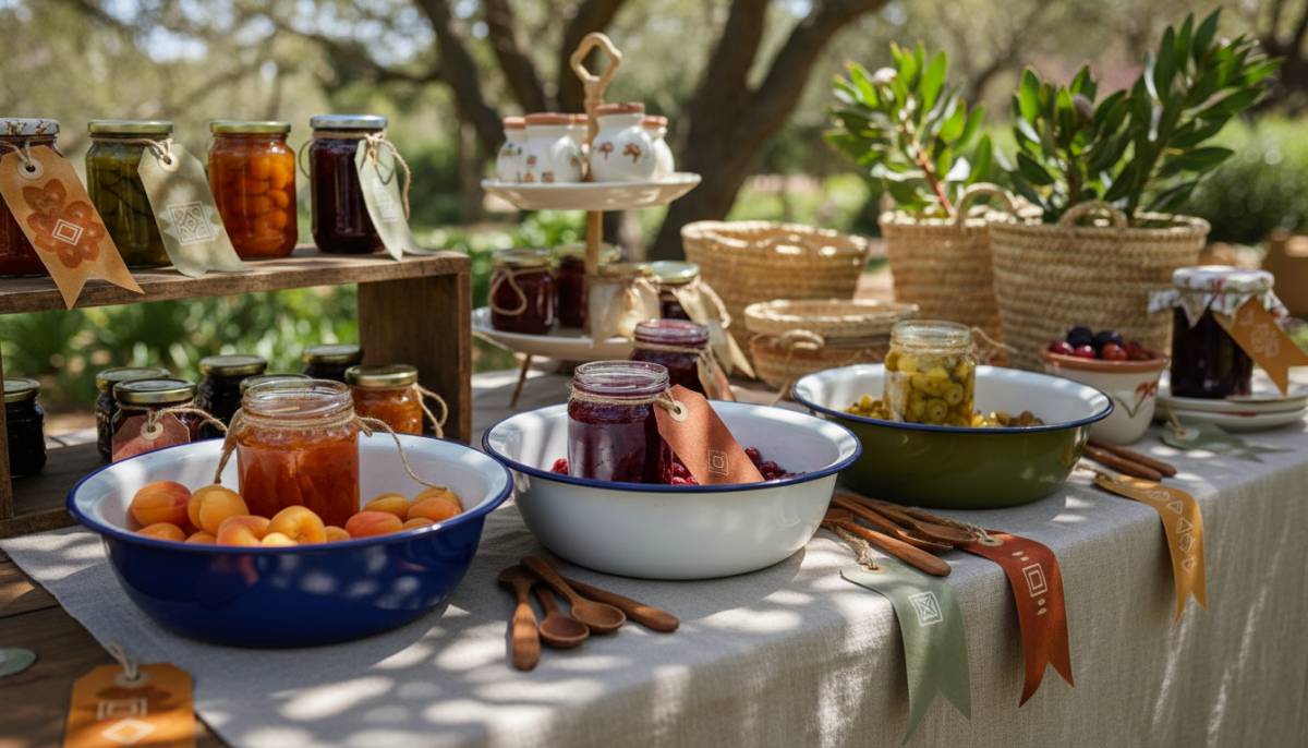 Harvest fair prize table with preserves