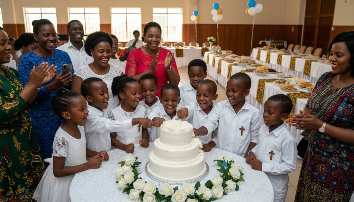 Children celebrating near a communion cake table