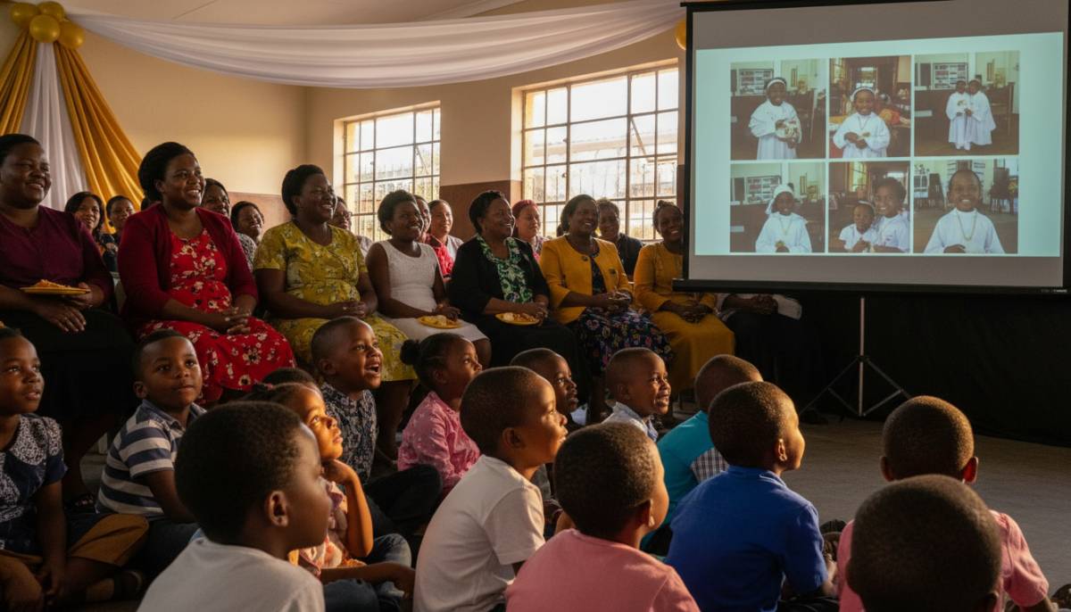 Children and family watching a communion slideshow