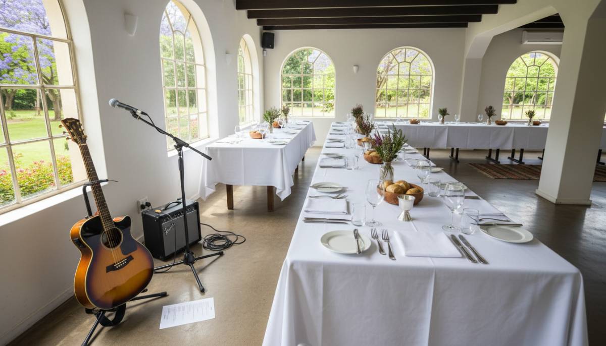 Acoustic music setup near lunch tables