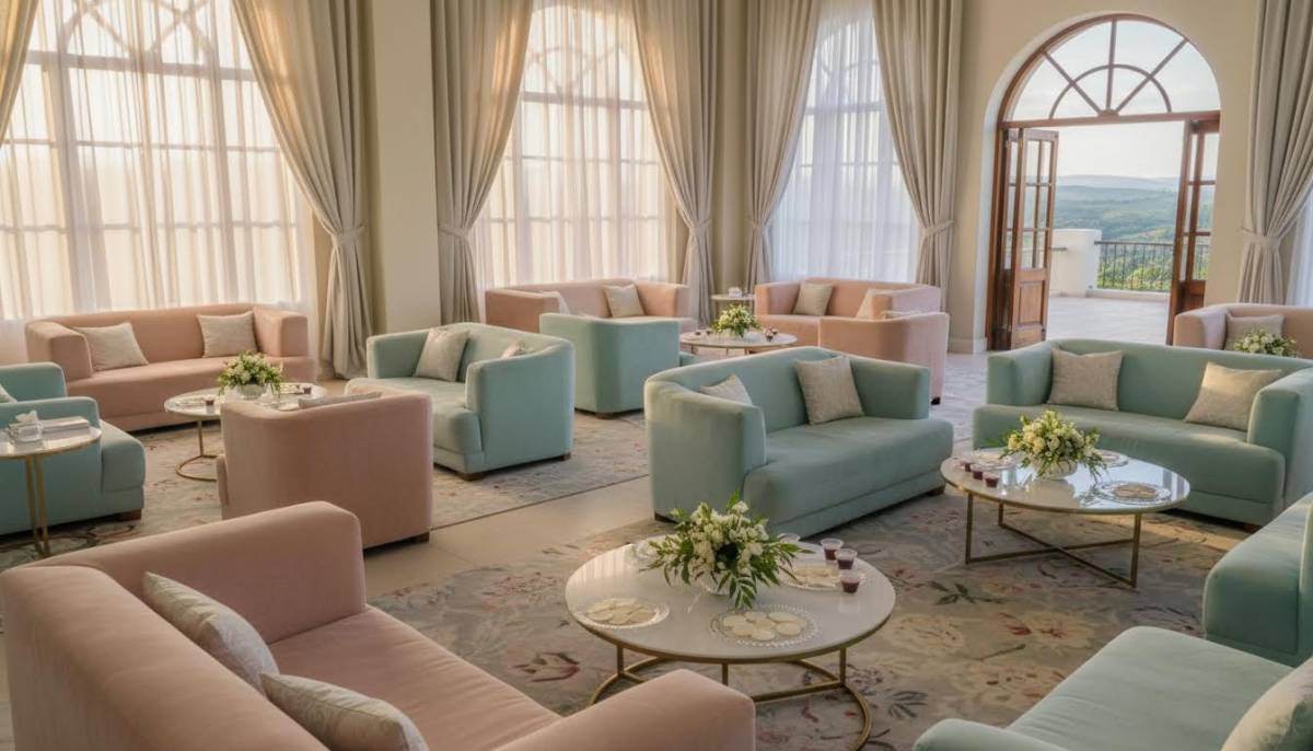 Pastel lounge setup in an estate clubhouse