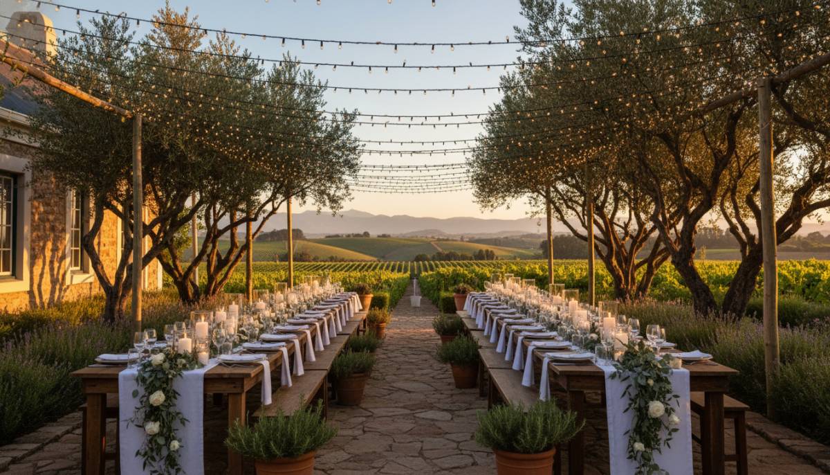 Golden hour garden communion with twinkle lights