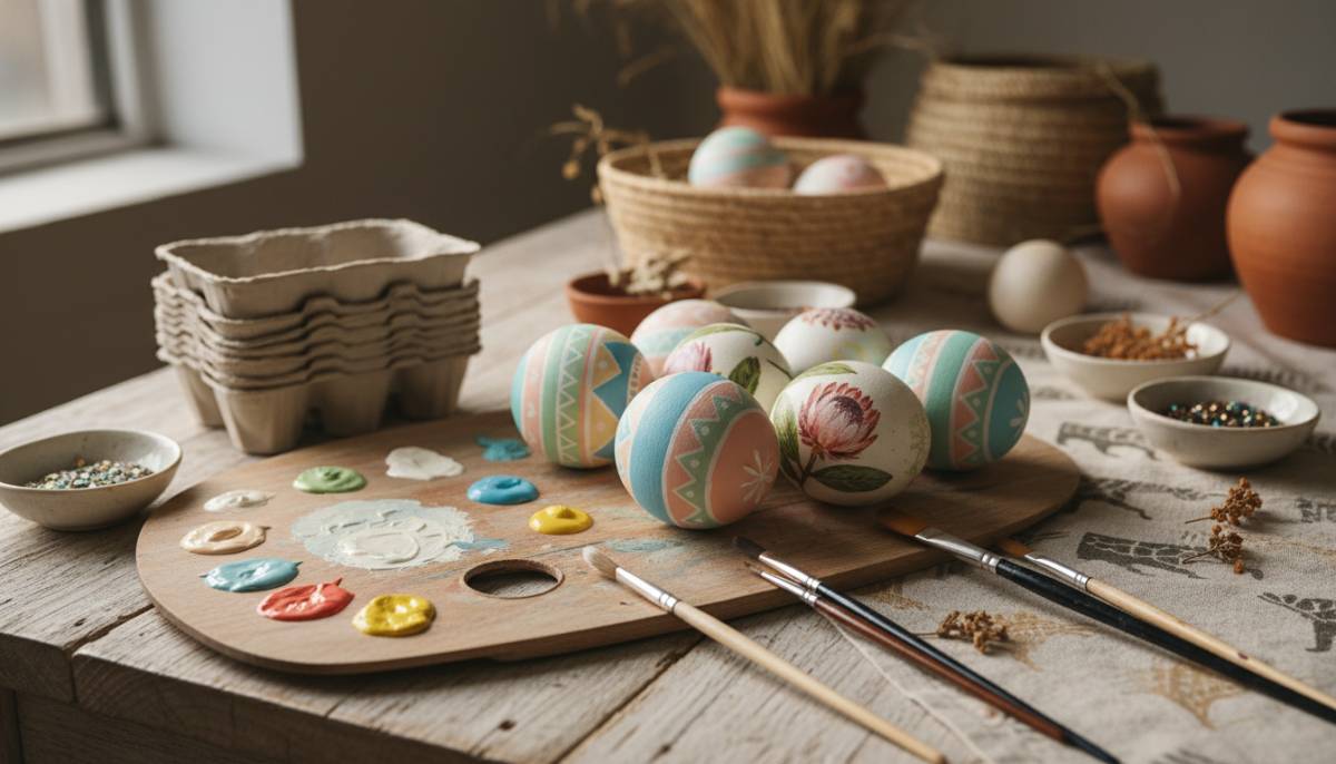 Easter craft table with painted eggs