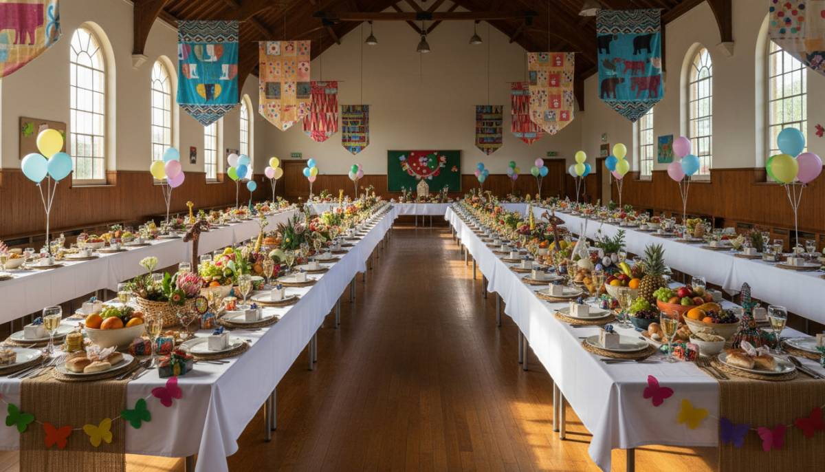 Long Easter feast tables in a school hall