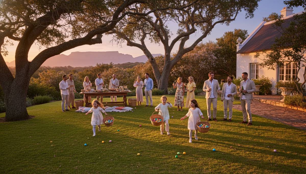 Family celebrating an Easter egg hunt at sunset