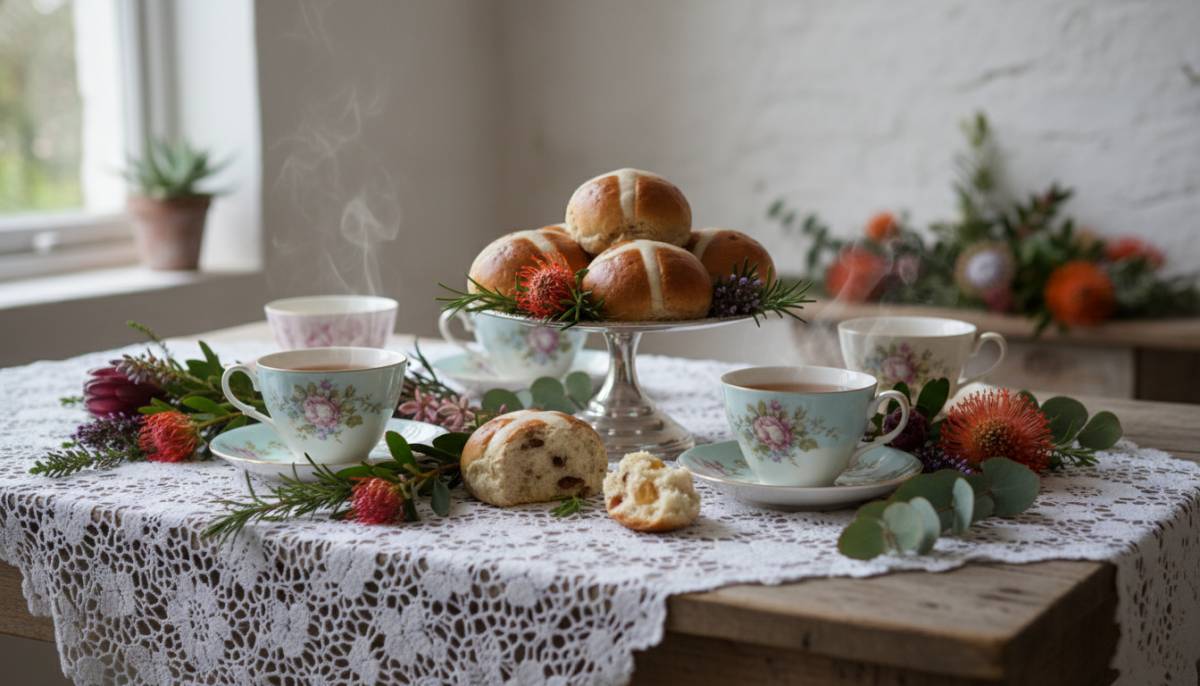Vintage Easter tea table with hot cross buns