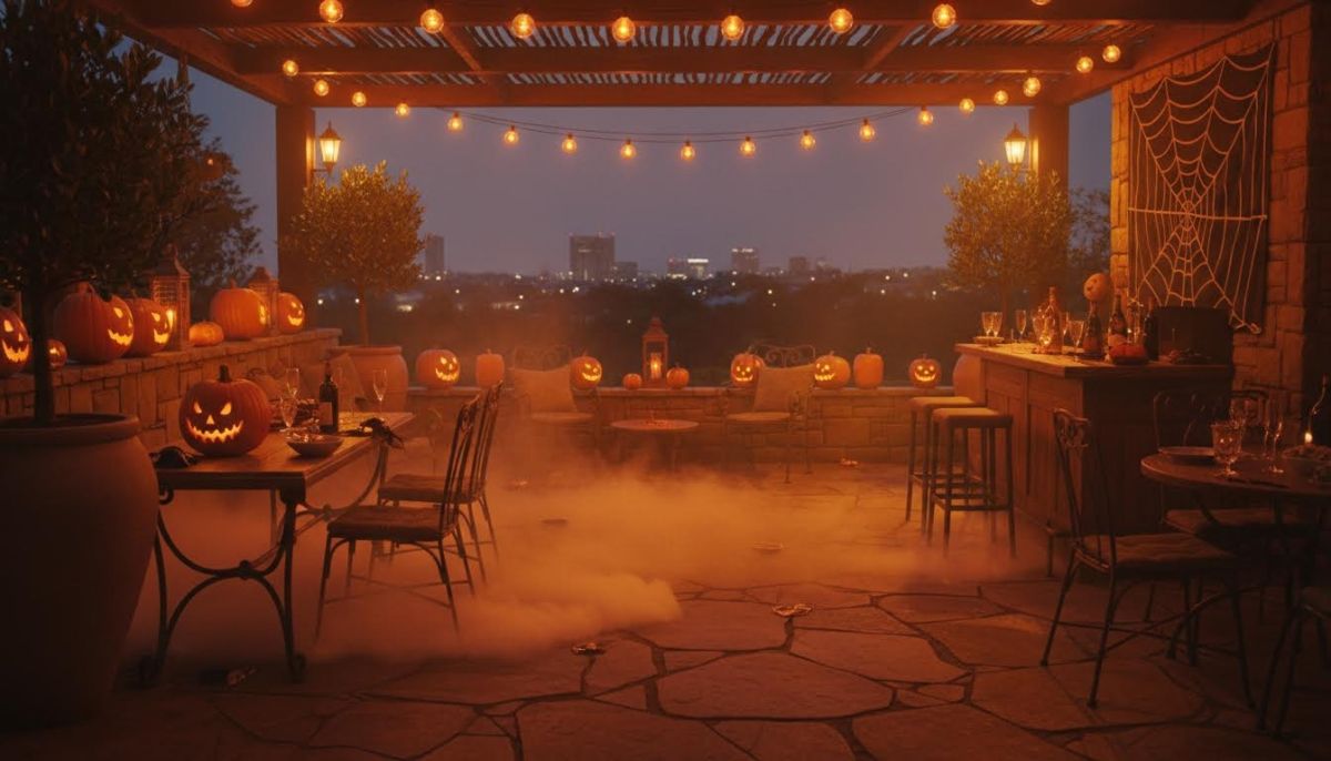 Halloween patio setup with orange lighting and low smoke