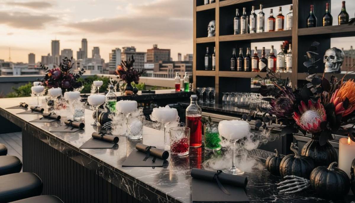 Halloween themed cocktail bar setup