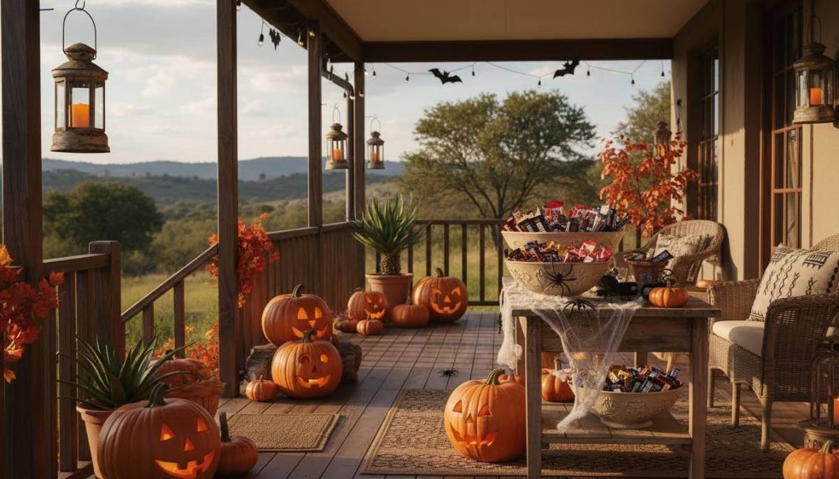 Halloween porch with pumpkins and sweet bowls