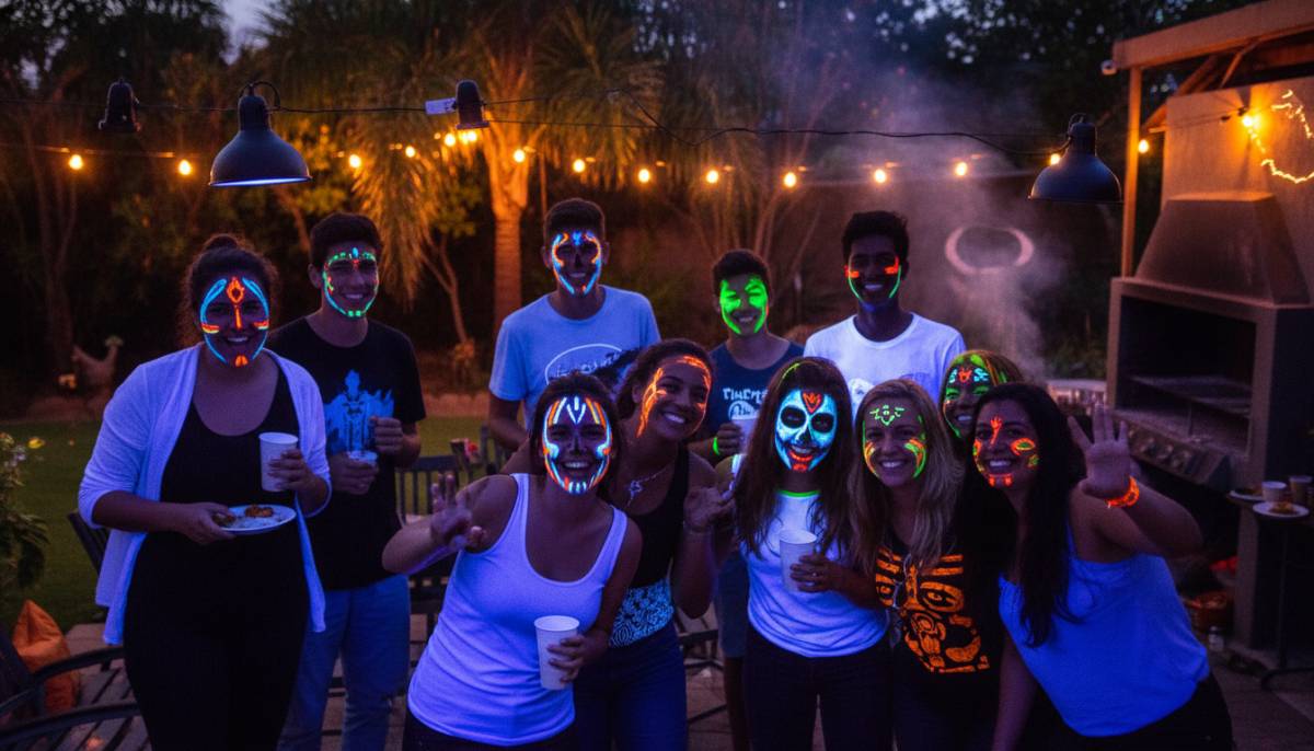 Teenagers wearing glow paint at a Halloween party