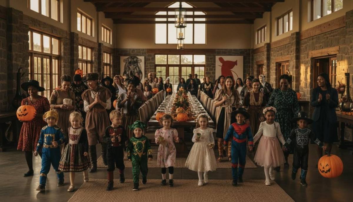 Family costume parade at a Halloween party