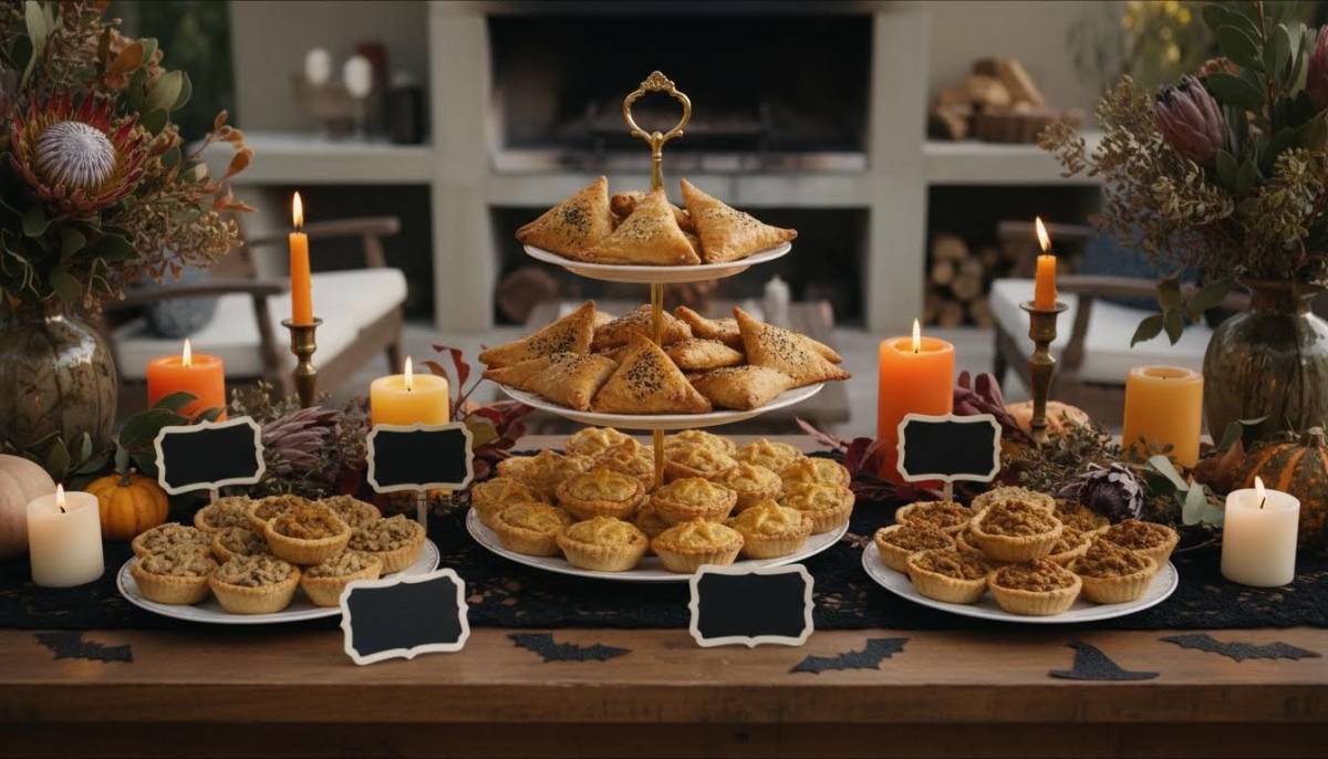 Halloween snack table with savoury food