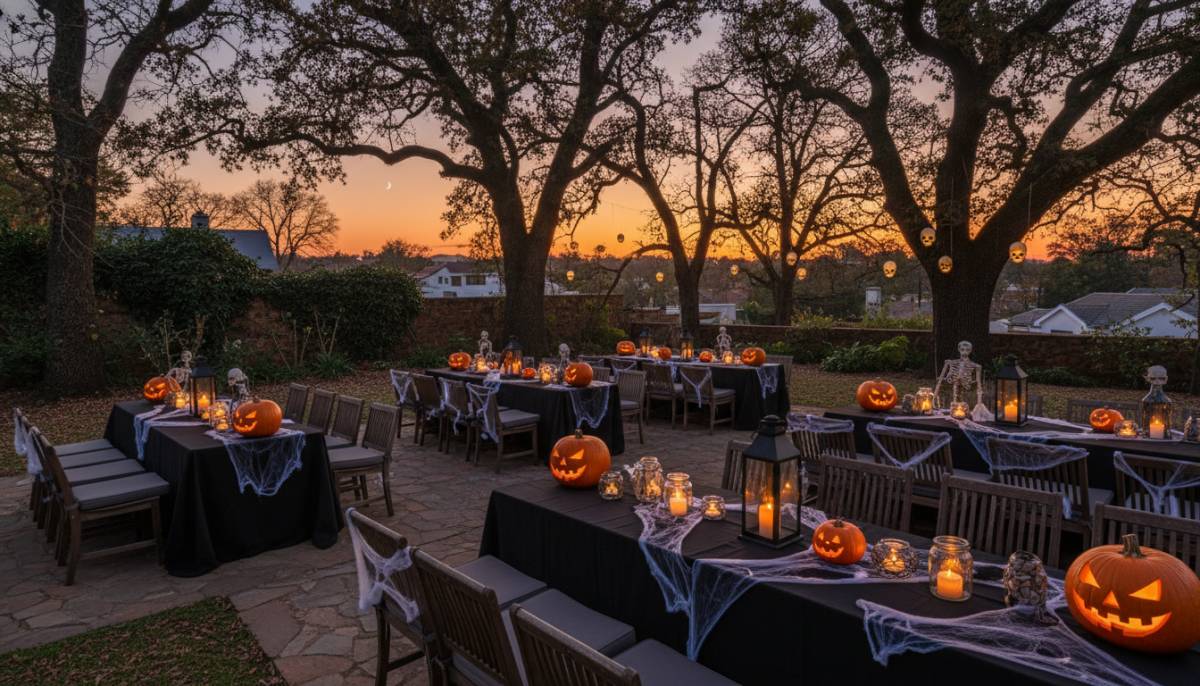 Halloween garden seating with lanterns