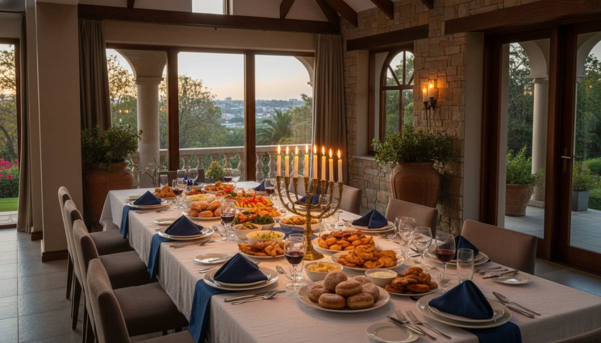 Hanukkah table with fried food and menorah in warm light