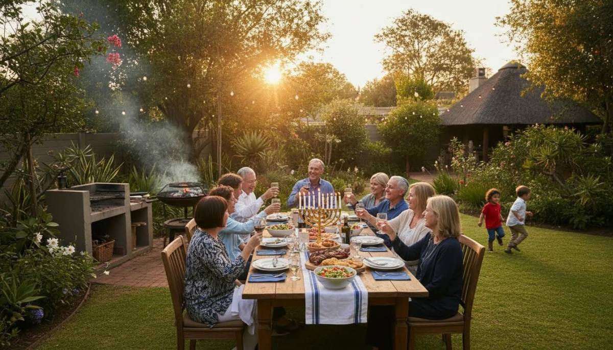 Family celebrating at an outdoor Hanukkah dinner