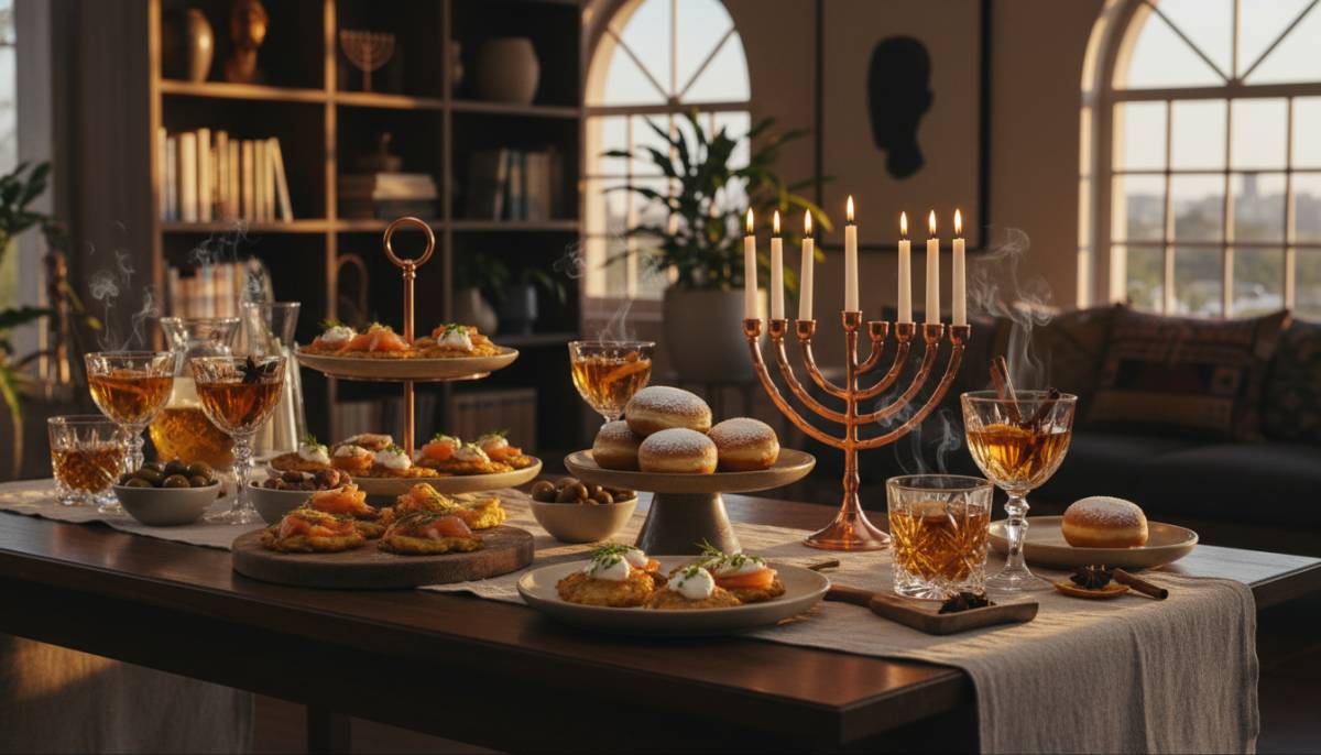 Cocktail-style Hanukkah food table with latke bites