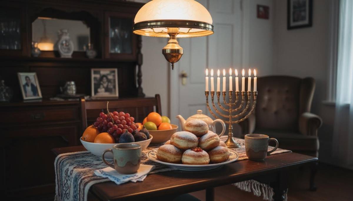 Small Hanukkah tea table with sufganiyot and cups