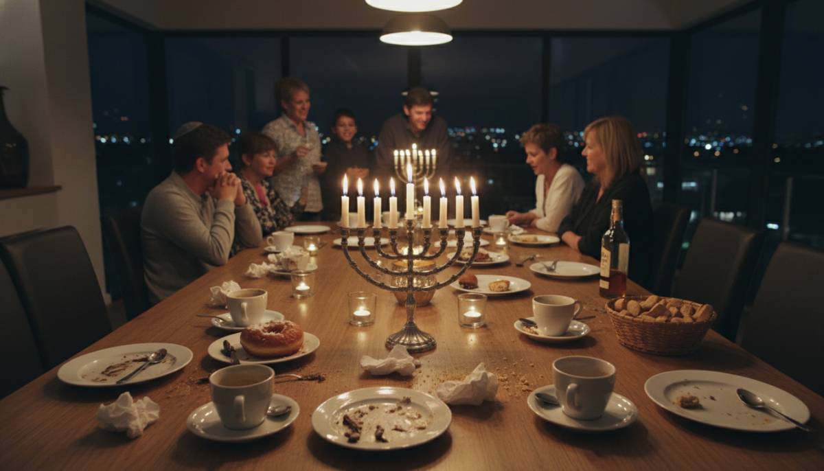 Hanukkah dessert table with family in the background