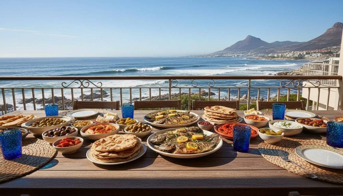 Fish and mezze table on a balcony