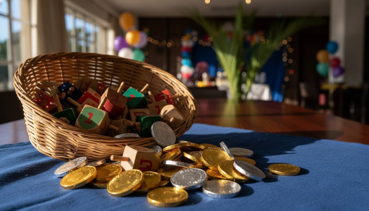 Basket of dreidels and chocolate coins