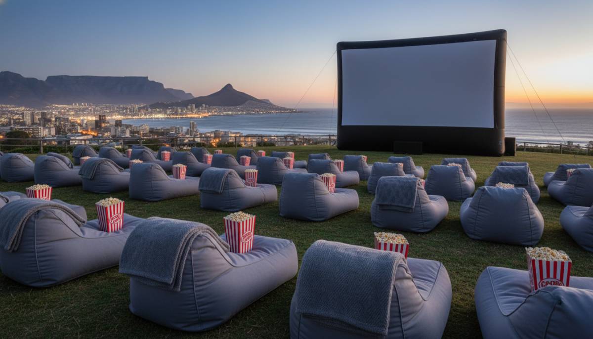 Outdoor film festival setup with popcorn