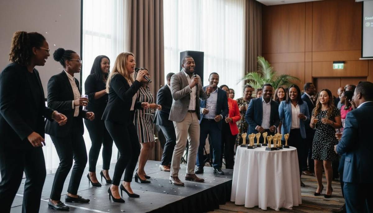 Guests dancing at a corporate karaoke awards night