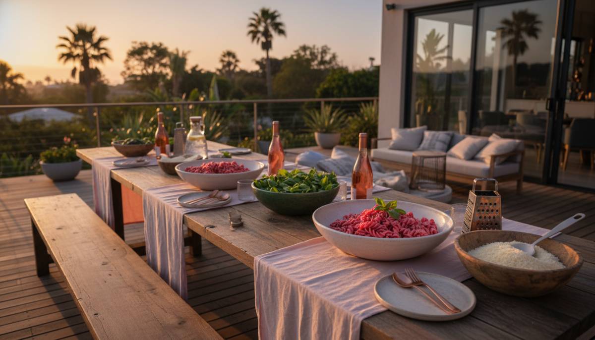 Pink pasta bar with blush linen and serving bowls