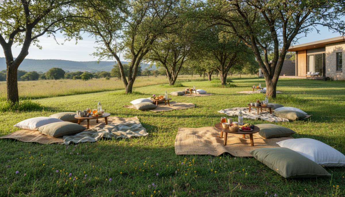 Picnic mats set up under trees for a wellness retreat