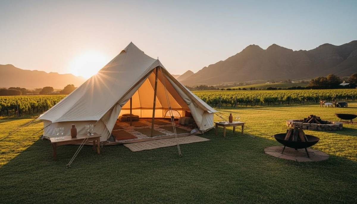 Canvas tent set for a wellness retreat on a lawn