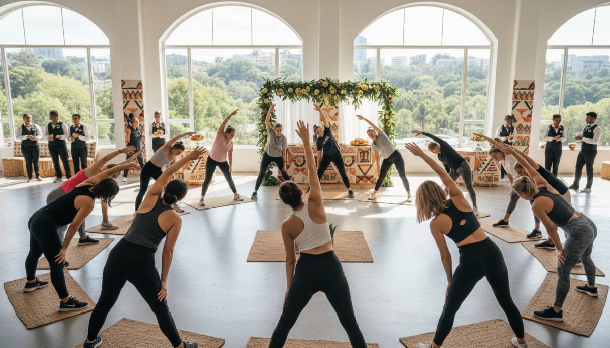 Corporate guests stretching at a wellness retreat