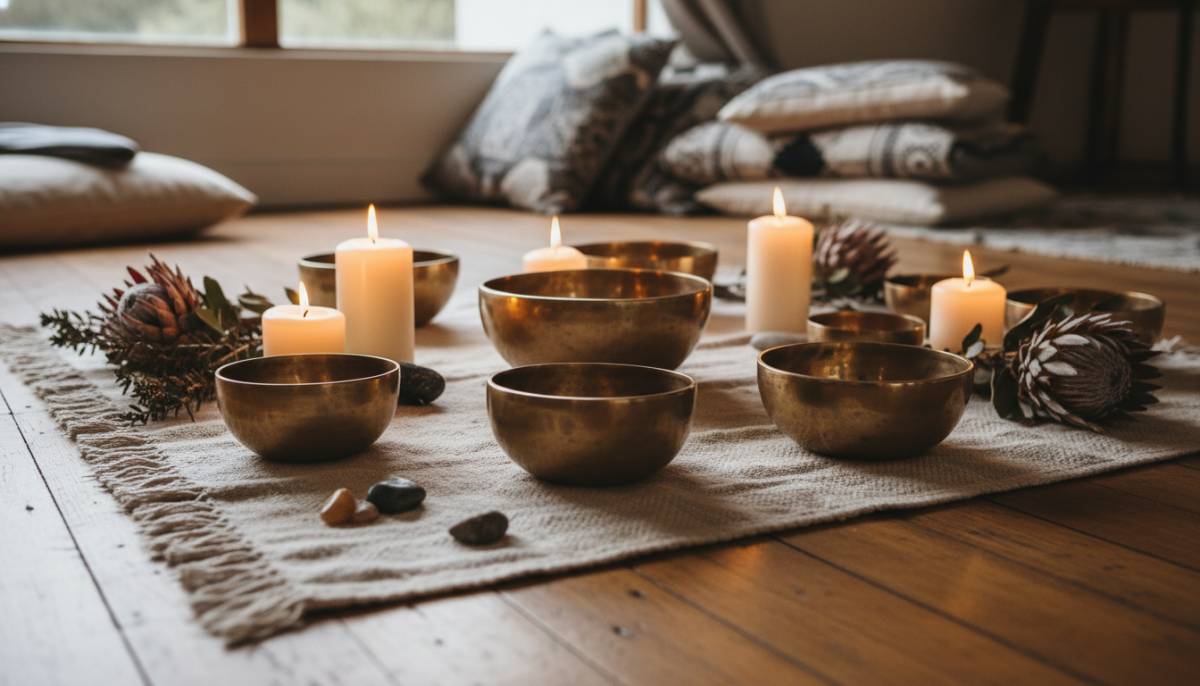 Singing bowls and candles for a sound bath