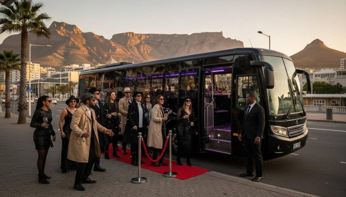 Guests boarding a party bus in spy costumes