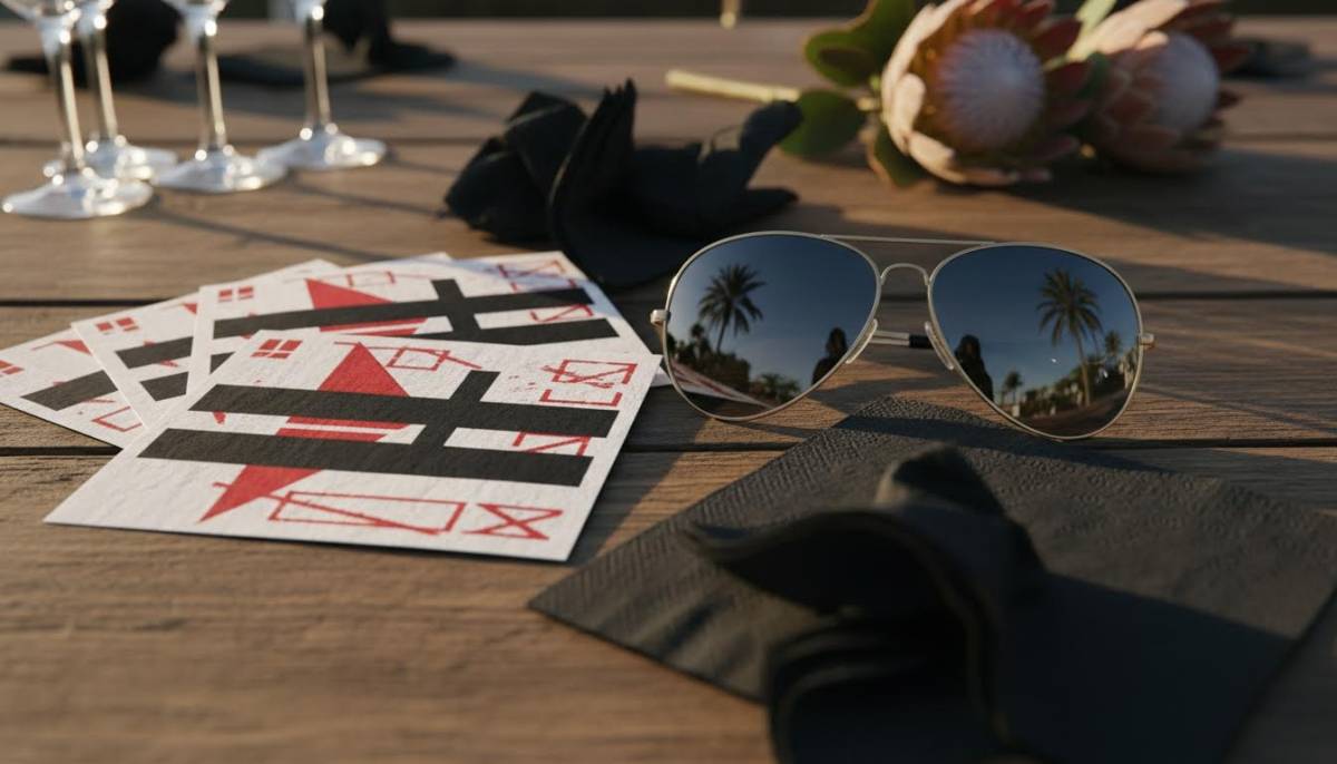 Spy mission cards and sunglasses on a table