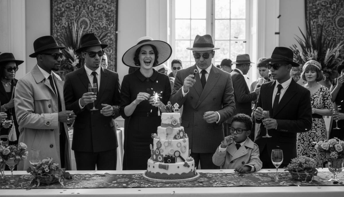 Family celebrating at a spy costume birthday