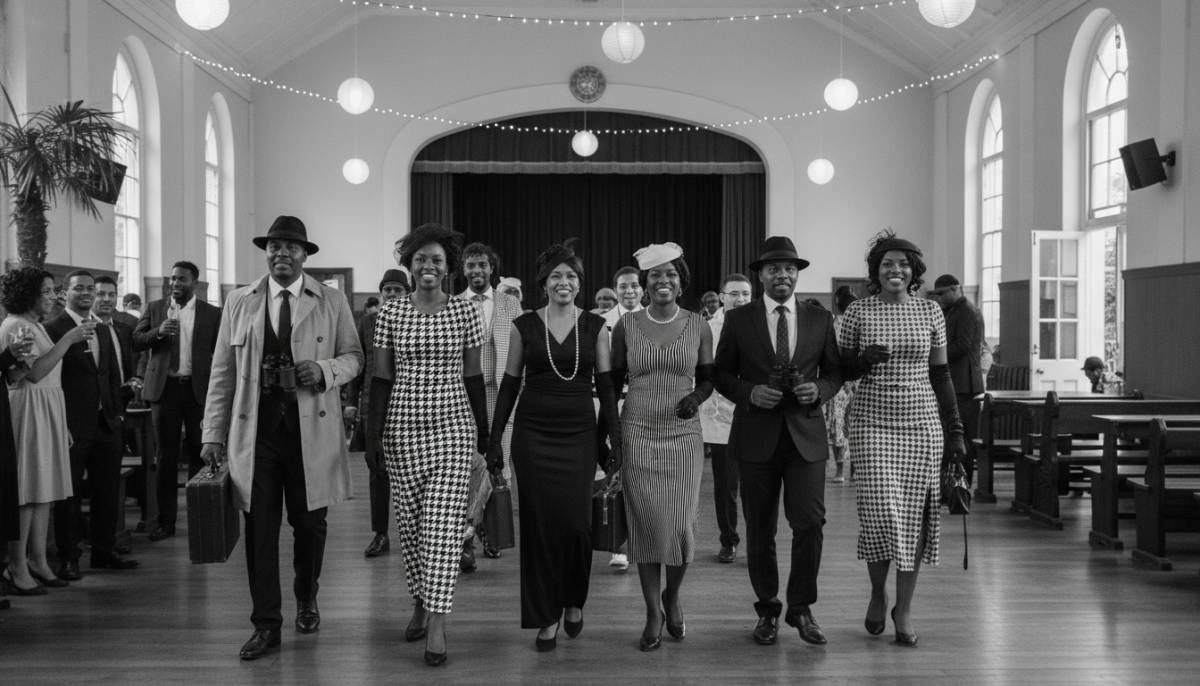 Guests arriving in spy costumes at a hall