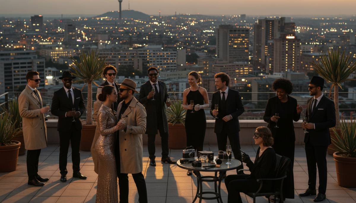 Guests at a rooftop spy costume party
